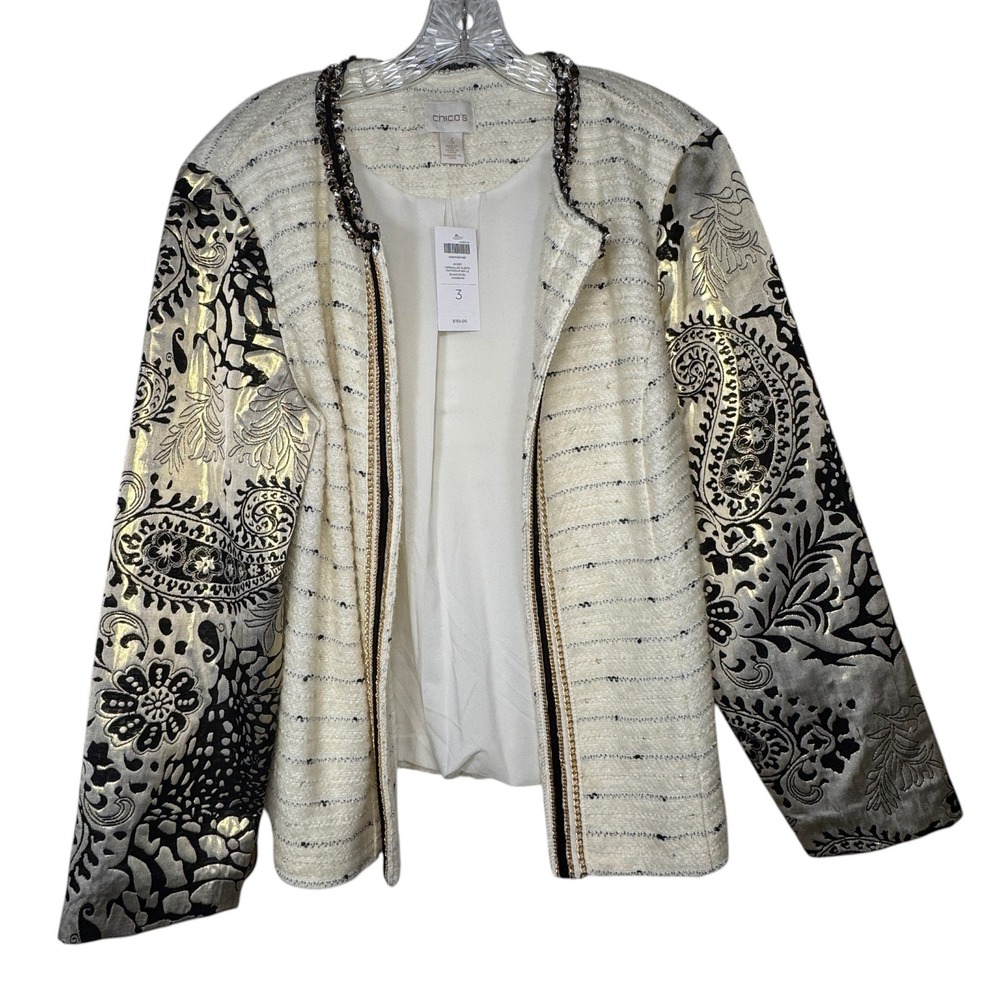 Chicos Versailles Sleeve Jacket 3 Womens XL Ecru Tweed Gold Metallic Paisley NWT - Picture 1 of 12